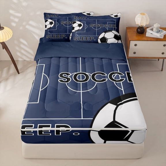 Homewish Ball Games Kids Zipper Twin Comforter Sets with Fitted Sheet and 2 Pillowcases For Boys,Deepblue White Black Zipper Bedding Set,Navy Blue Reversible,4-Piece