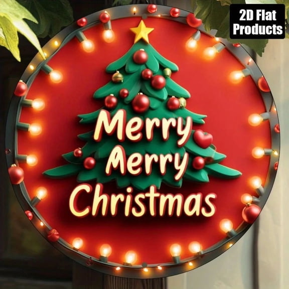 HELLOYOUNG Merry Christmas Metal Wall Decor 8x8 Inch - Red & Golden Easy-Hang Plaque, Festive Xmas Tree Decoration for Home Office