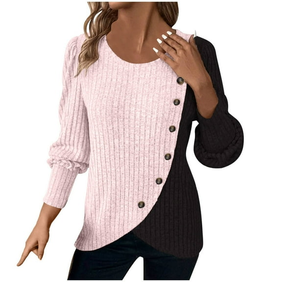 hotojiny Fashion Spring Tops for Women Casual Knit Ribbed Long Sleeve Crewneck Shirts Lounge Vacation Beach Blouse