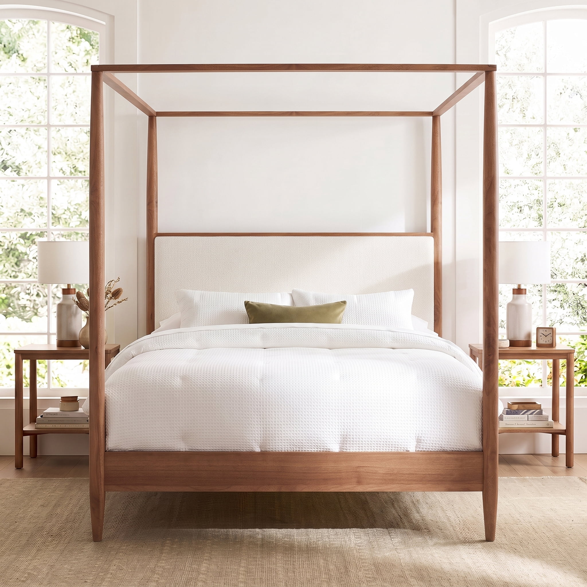 Euroco Modern Wood King Size Canopy Bed, Mid-Century 4-Poster Platform Bed with Boucle Upholstered Headboard and Tapered Legs, No Box Spring Needed, Walnut