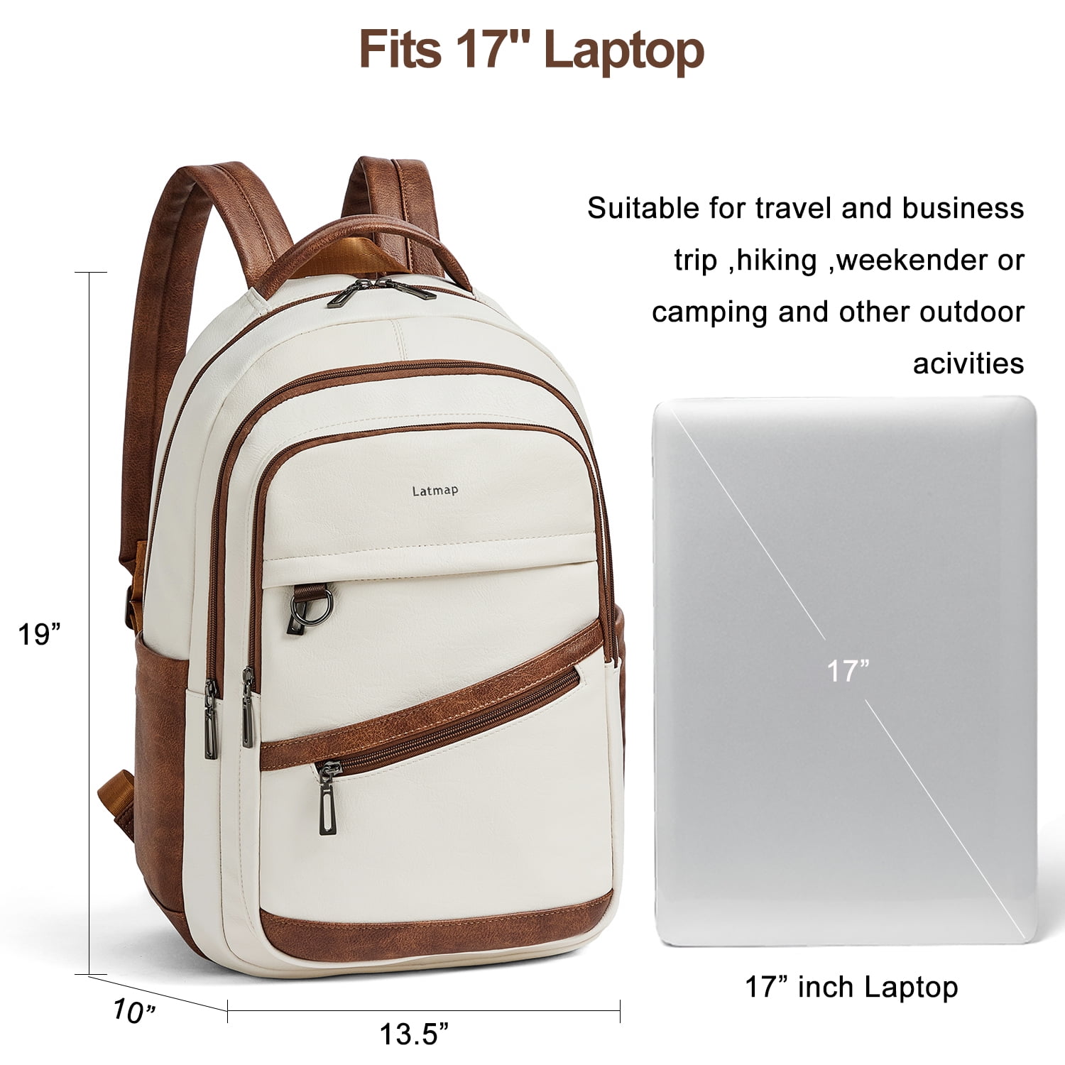 43L Vegan Leather Backpack for Women & Men, Travel Carry On Backpack, College Bookbag, Work Laptop Backpack fits 17 inch Laptop，Beige