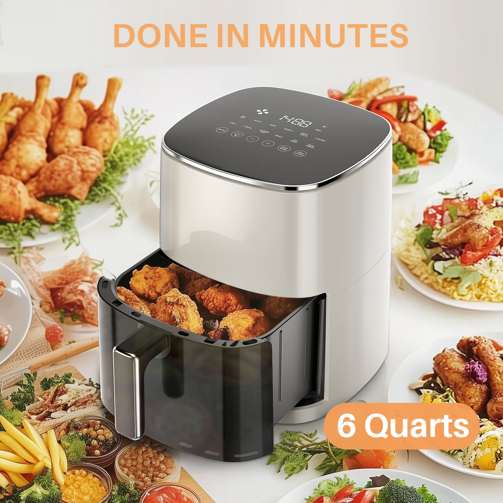Air Fryer, 6-Quart 12-in-1 Digital Airfryer with Viewing Window, 400°F Rapid Air Technology, Nonstick Easy-Clean Basket for Family Cooking, Beige