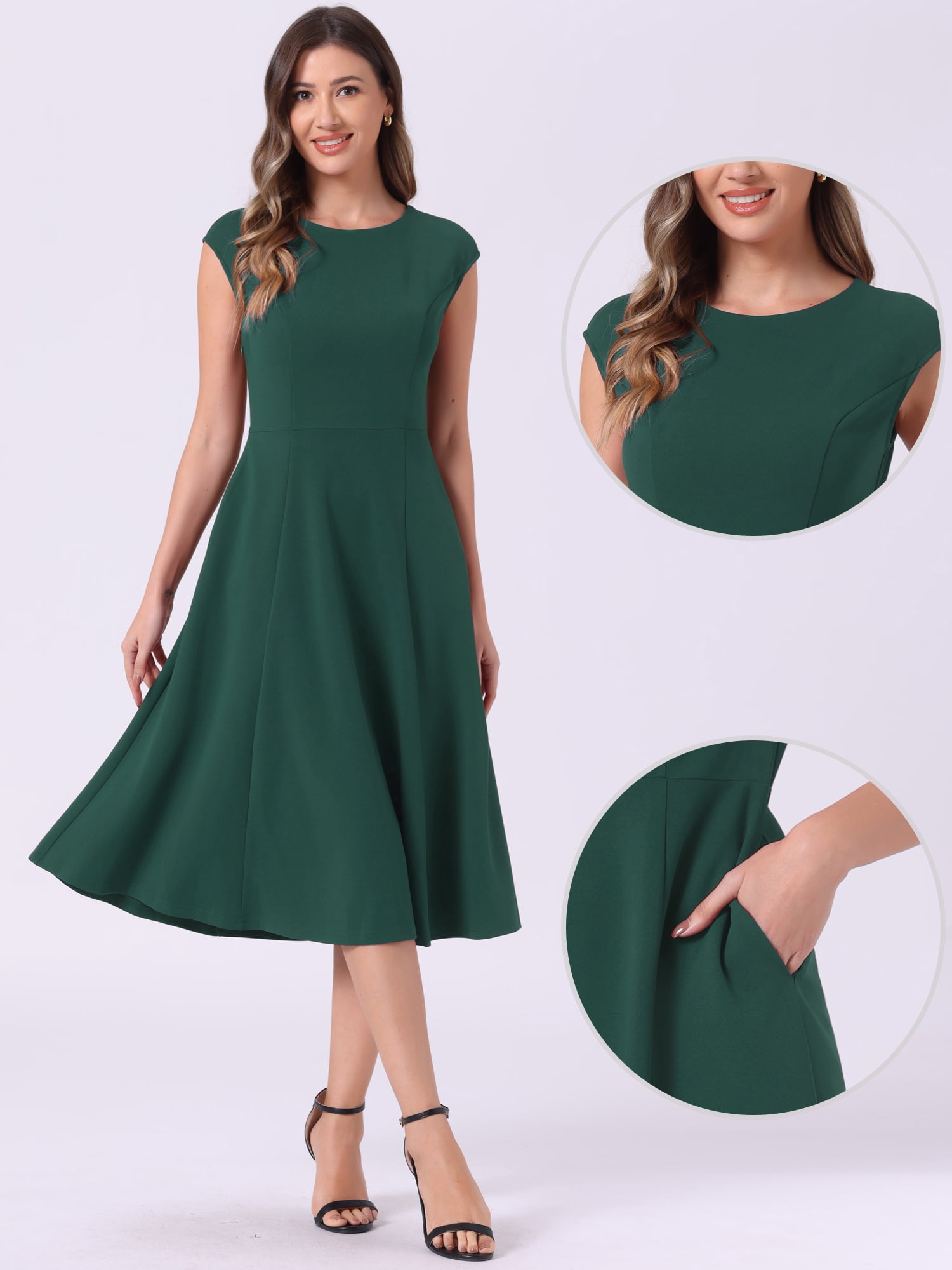 DARING DIVA Work Office Dress Cap Sleeve A-Line Dress M Gray Green