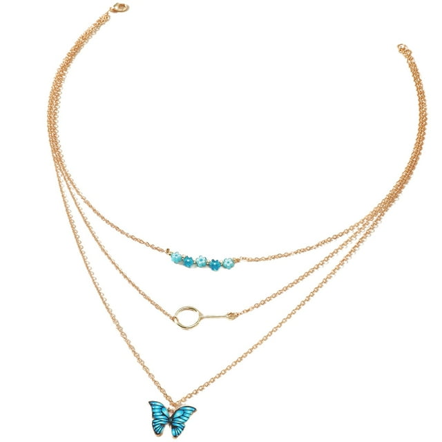 Femmes filles Collier multicouche: Perle Butterfly Charm Collier Pendentif Collier