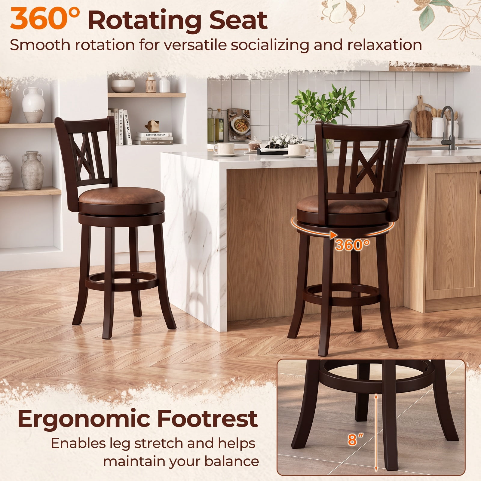 Furnibear Set of 2 Swivel Bar Stools with Footrest and Hollowed Backrest 26 Inch for Kitchen