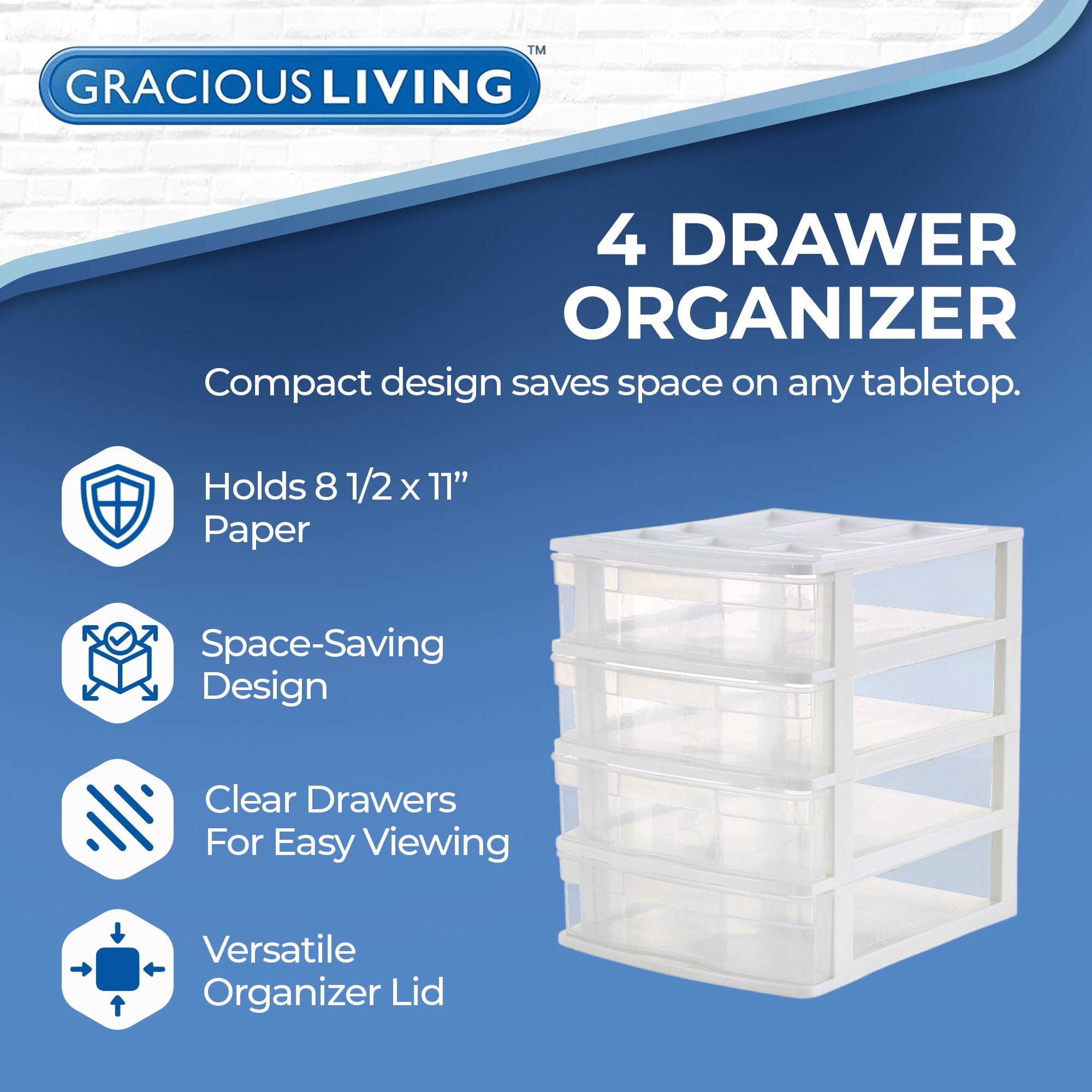 Gracious Living 4 Drawer Clear Plastic Desktop & Countertop Storage Organizer, White Frame