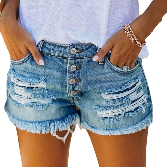 Fnooota Womens Denim Shorts, High Waisted Ripped Summer Casual Jean Shorts with Pockets Light Blue Size S-2XL