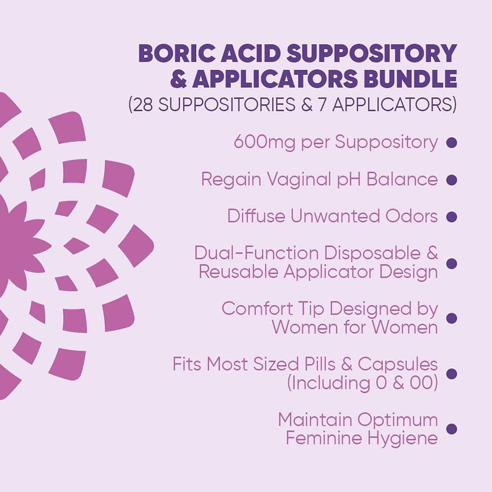 Seroflora Boric Acid Vaginal Suppositories for Women with Suppository Applicators - Boric Acid Pills Support Vaginal Odor Control - 30 Suppositories 7 Applicators