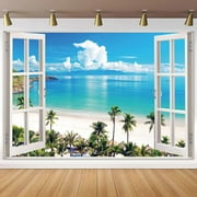 Tropical Island Photo Backdrop Window View Coconut Trees Sea Waves Beach Photography Background Wedding Pictures Birthday Party Backdrop,7X5FT