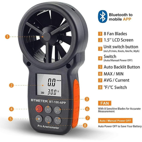 Pocket Digital Wind Speed Anemometer, Bluetooth Wireless Vane Anemometer Meter for Wind Chill, Speed, Temperature Monitor BT-100APP