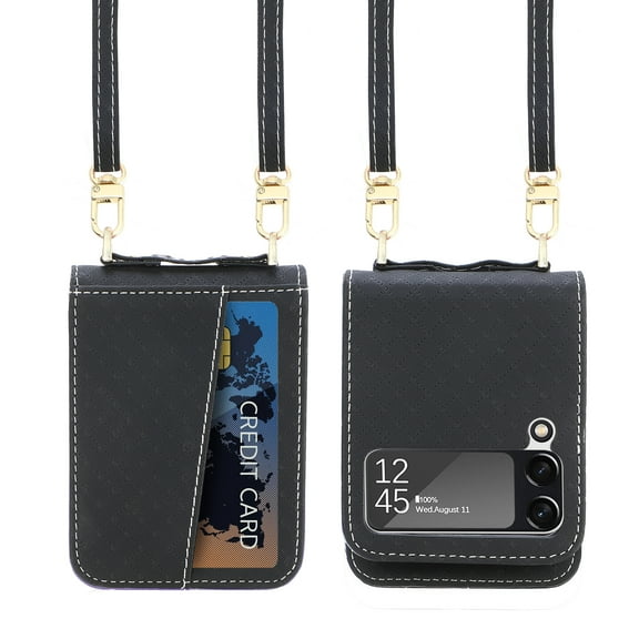 Dteck Phone Lanyard Case Compatible with Samsung Galaxy Z Flip 3.Fashion Luxary PU Leather and TPU With Phone Rope Shockproof Case for Samsung Galaxy Z Flip 3 6.7 inch,Black