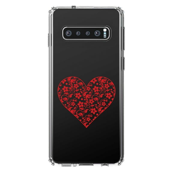 DistinctInk Clear Shockproof Hybrid Case for Samsung Galaxy S10  PLUS (6.4" Screen) - TPU Bumper Acrylic Back Tempered Glass Screen Protector - Clear Red Floral Heart