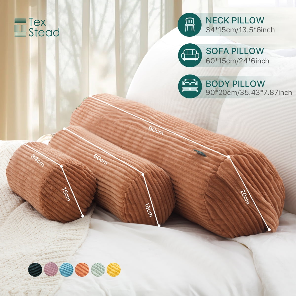 CHARRYARN by TexStead Cuddle Pillow  Bolster Pillow Corduroy Cylindrical Bed Pillow - Multifunctional Long Pillow- uitable for yoga,Lumbar and Neck Support Roll Pillow- Orange（6"x14")