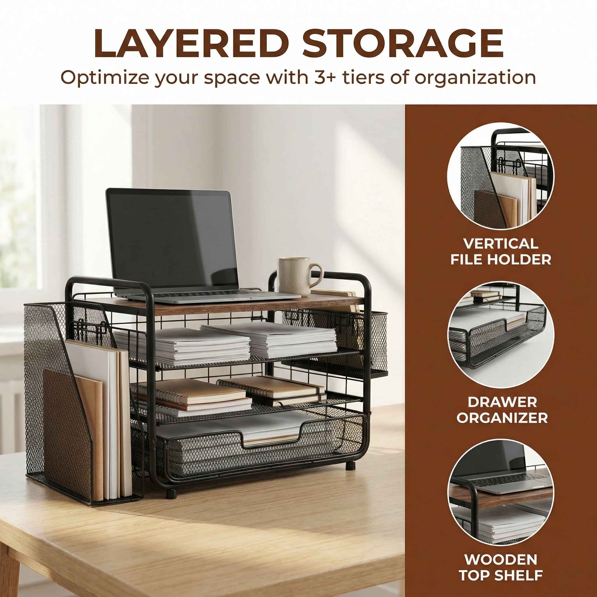 OUTMASTER  4-Tier Desk Organizer,Metal Desktop File Organizer with Drawer and Pen Holder,Office Supplies