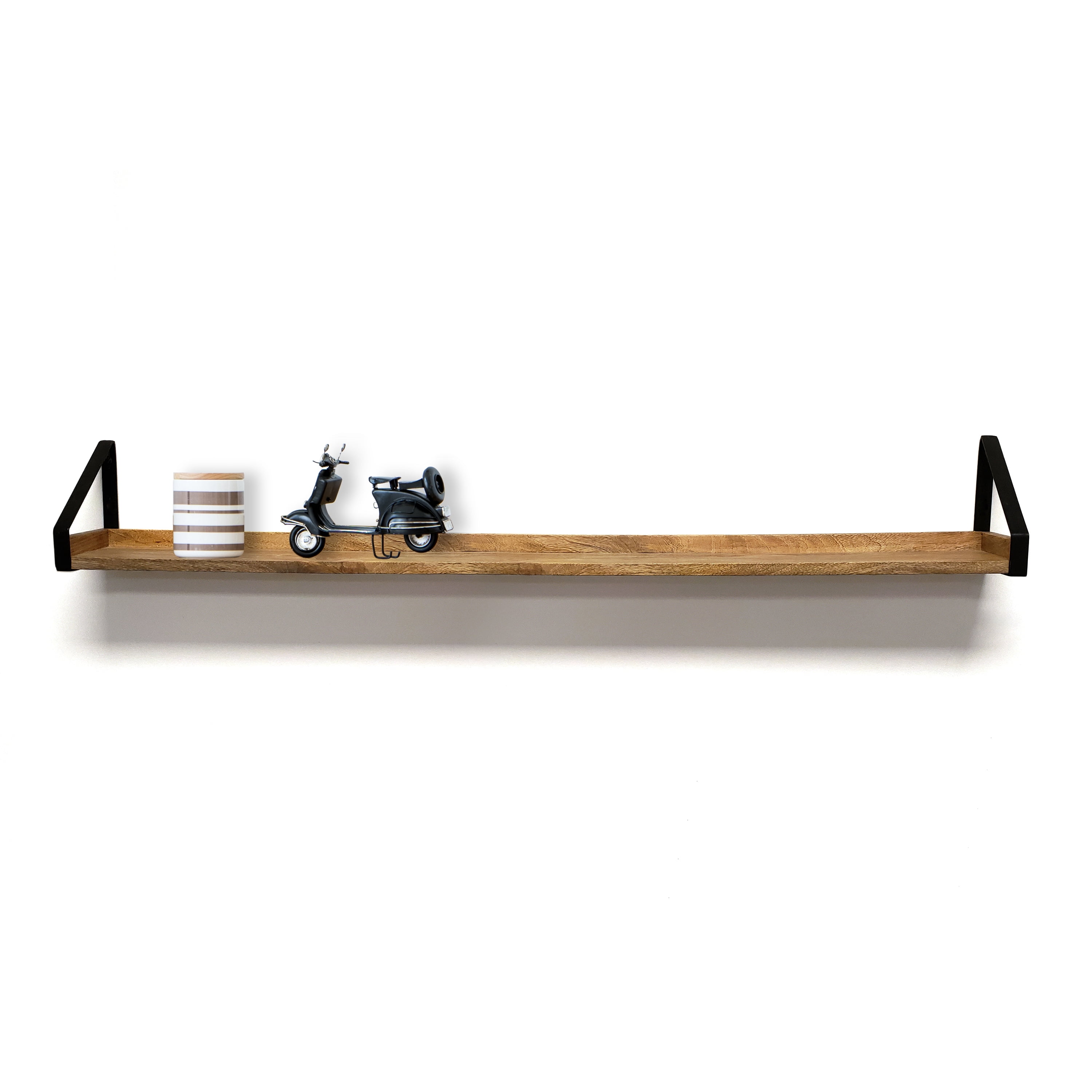 InPlace Shelving, Mango Natural Wood Rustic Black Iron Bracket Ledge Shelf, 48Wx5Dx6H, Walnut Brown