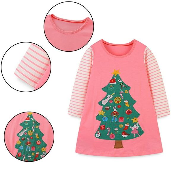 Godderr Toddler Girls Cotton Dress for Baby Kids Christmas tree Dress Long-Sleeved Casual Dress Cartoon Autumn Tops Dress for 2-7Y