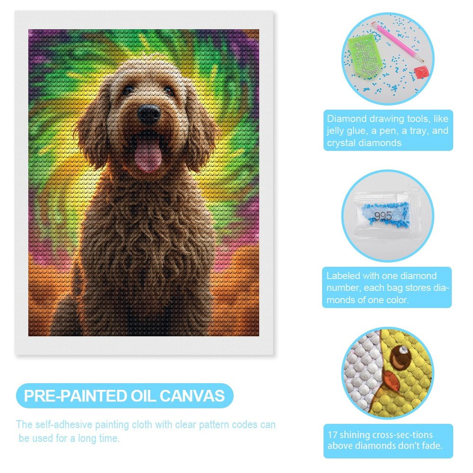 Diamond Art Kits for Adults, Dog Colorful Spiral Backdrop 5D Diamond Painting Kits for Adults Beginners, DIY Full Drill Diamond Painting, Gem Art and Crafts 12x16