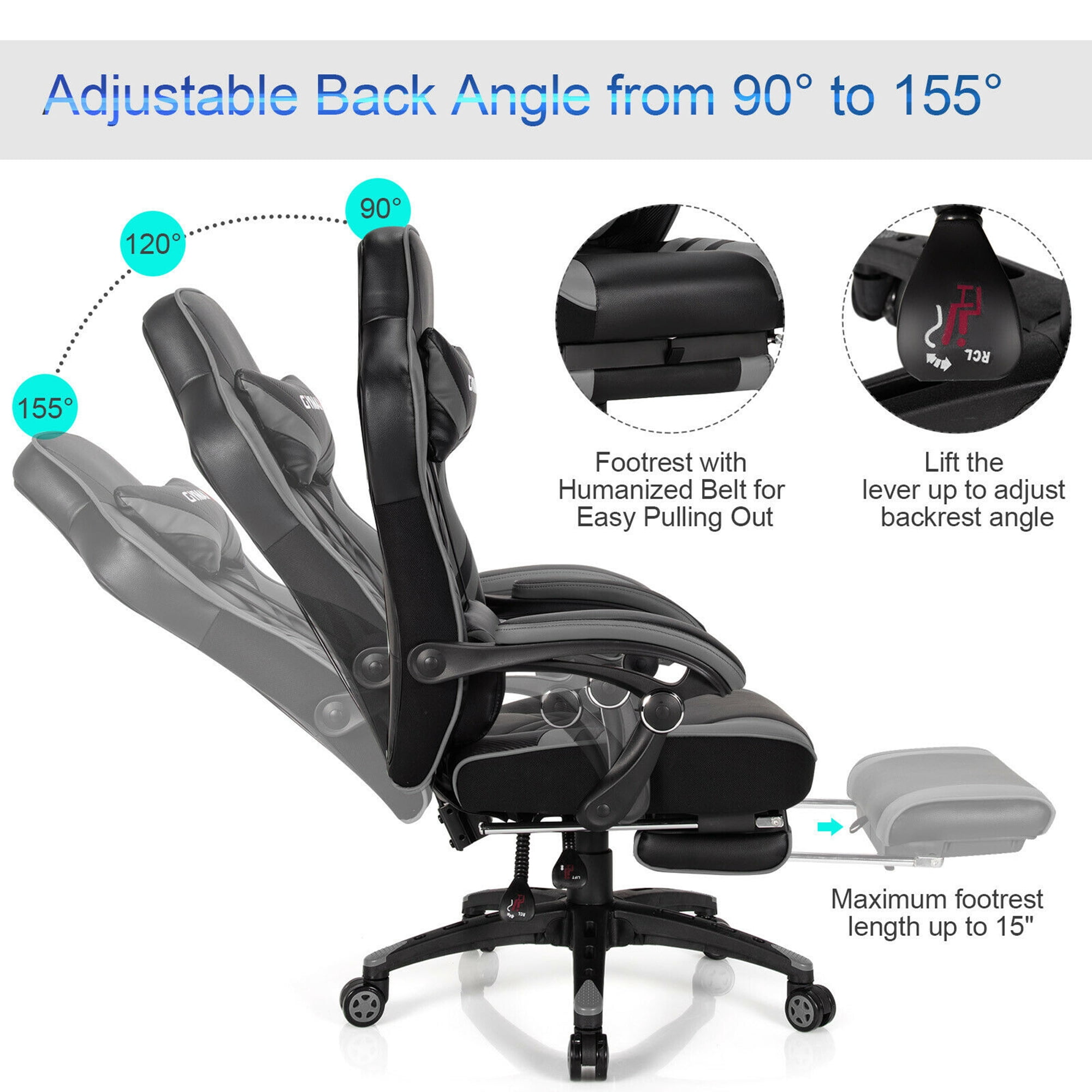 Gymax Office Computer Desk Chair Gaming Chair Adjustable Swivel w/Footrest Grey