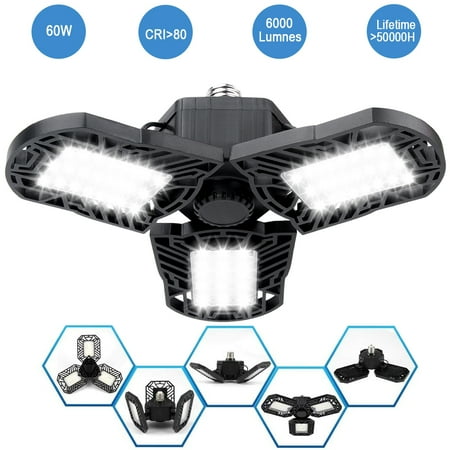 

LED Garage Lights 60W E26/E27 6000LM Deformable LED Garage Ceiling Lights LED Shop Lights Barn Light with 3 Adjustable Panels for Garage Warehouse Corridor (NO Motion Activated)