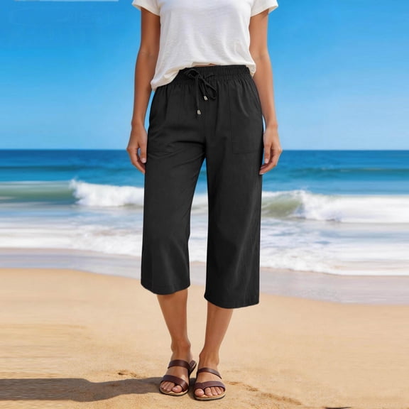 Iaqnaocc Capris Pants for Women Casual Lightweight Summer Straight Wide Leg Linen Pants Women Travel Vacation High Waist Drawstring Cropped Pants Black L