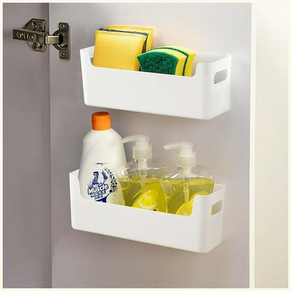2 Pack Cabinet Organizer Storage, Adhesive Over Cabinet Door Organizer, No Drilling Space Saver Plastic Storage Containers Multi-Use for Kitchen Bathroom Office Bedroom, White