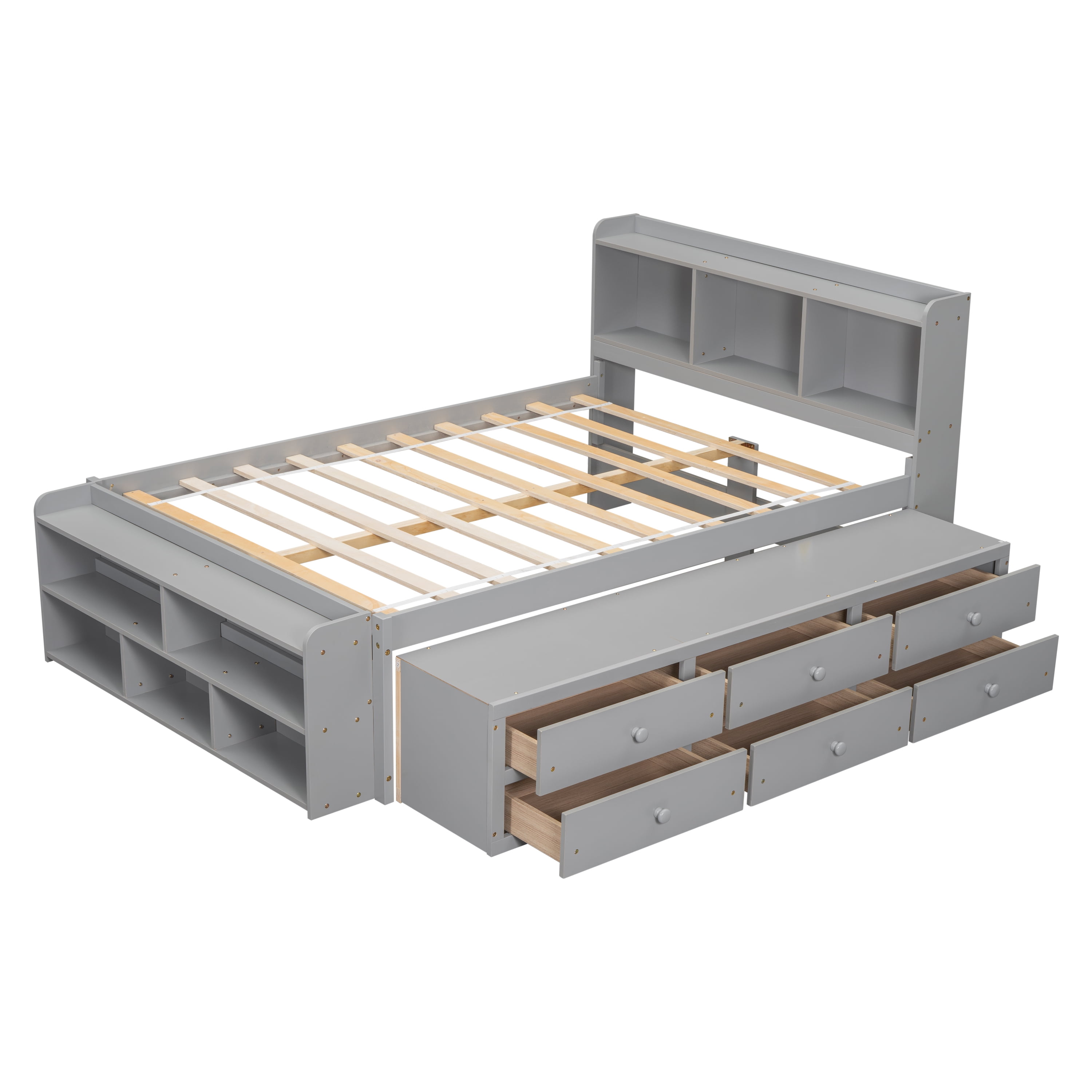 Sailvan Full Size Platform Bed Frame with Bookcase Headboard, 6 Storage Drawers and Bed End Case Grey