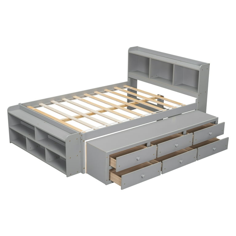 Pouseayar Full Bed with Bookcase Headboard with 6 Under bed