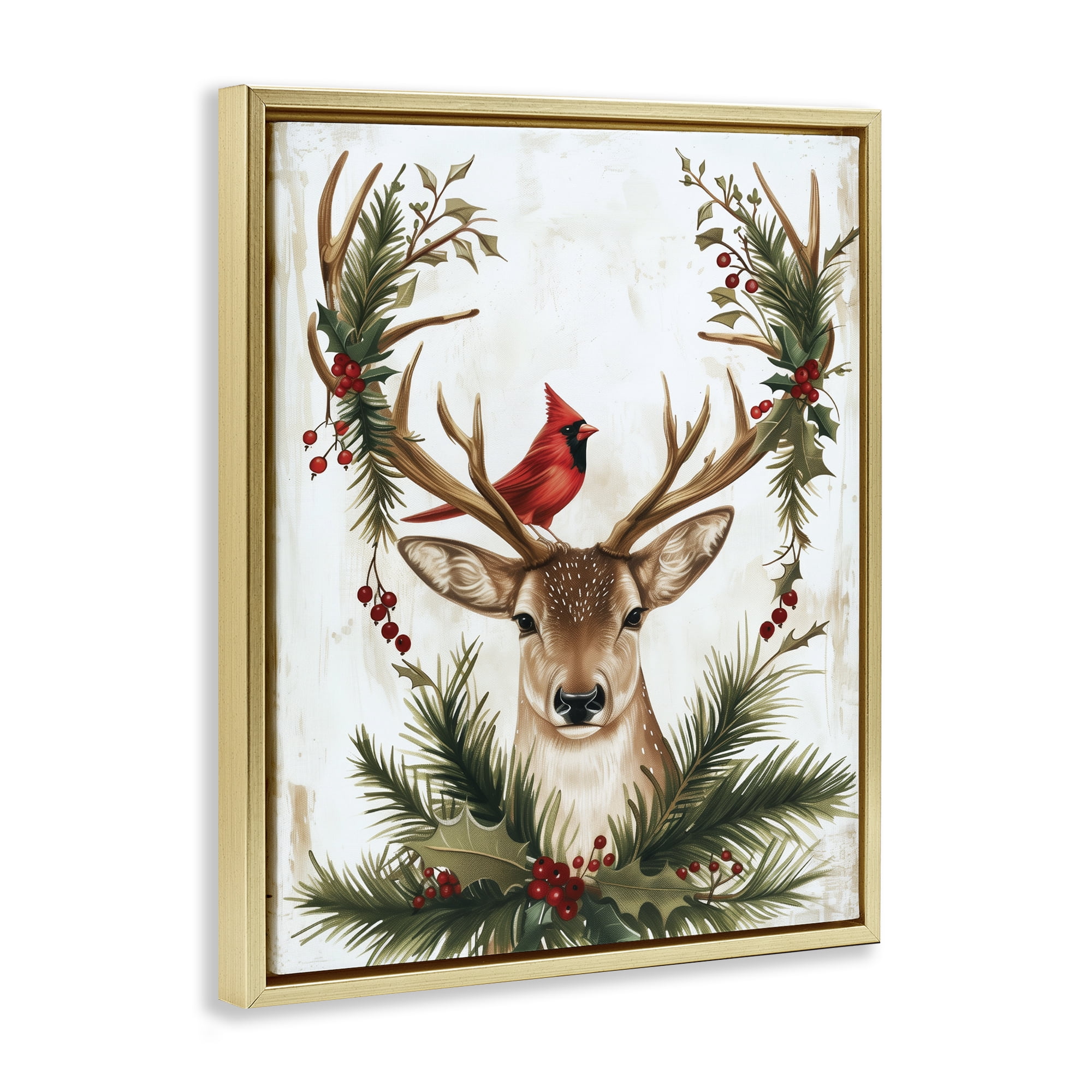 Stupell Industries Cardinal & Deer with Festive Flora Gold Framed Floater Canvas Wall Art, design by Acorn & Ivory Designs
