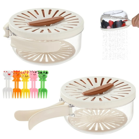2 PCS Multifunctional Fruit Washing Bowls, Fruit Strainer Veggie Colander with Foldable Handles, Fruit Storage Bowl with 10 Cartoon Picks, Food Container for Fridge Outdoor Picnic