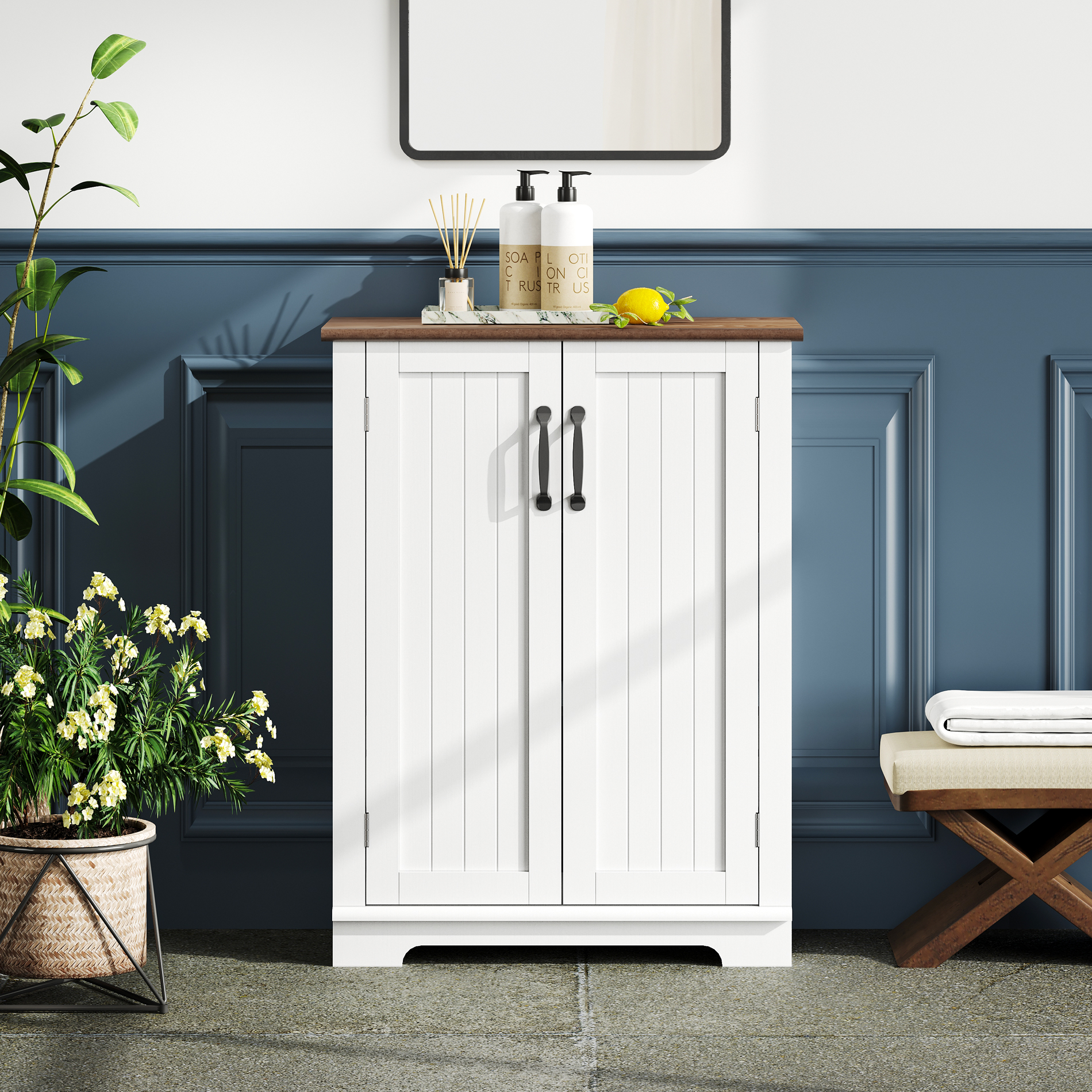 WAMPAT Free Standing 3 Tier Bathroom Cabinet, White Wood 31.5" Cupboard, White