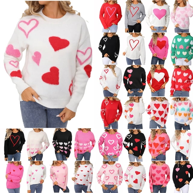 Wiyuqeen Chandails Cœur pour Femmes Col Rond Manches Longues Tricotés Chandail d'Automne Imprimé Amour Chandails Décontractés Amples pour Femmes