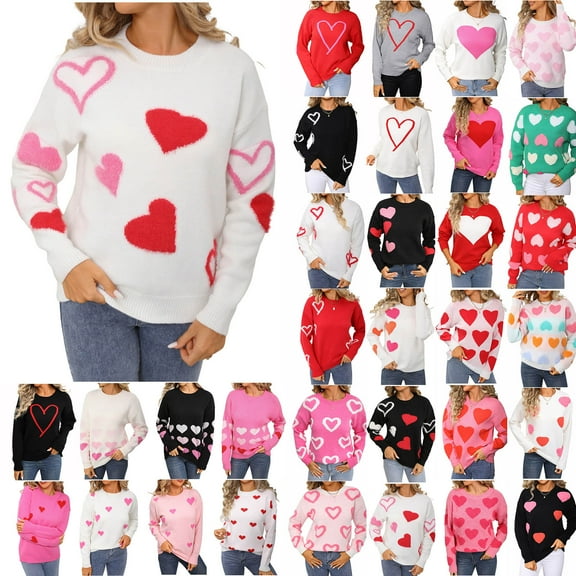 Wiyuqeen Fall Sweaters for Women Heart Knit Pullover Crew Neck Long Sleeve Drop Shoulder Sweaters Funny Graphic Sweaters for Holiday