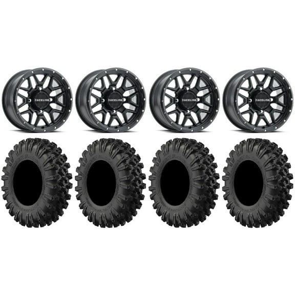 Raceline Krank 14" Black Wheels 30" MotoRavage XL Tires Can-Am Commander Maverick Renegade Outlander Defender