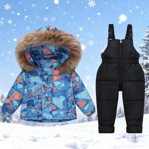 Trikvn Toddler Kids Boys Winter Snowsuit 2-Piece Ski Suit Waterproof Windproof Snow Jacket with Hood and Black Bib Pants for Outdoor Snowboard Warm Thick Outfit