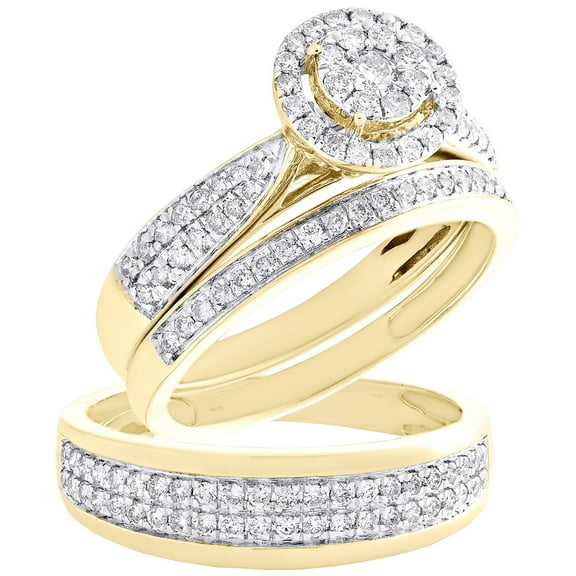 10K Yellow Gold Diamond Trio Set Cathedral Halo Bridal Set   Wedding Band 1 CT
