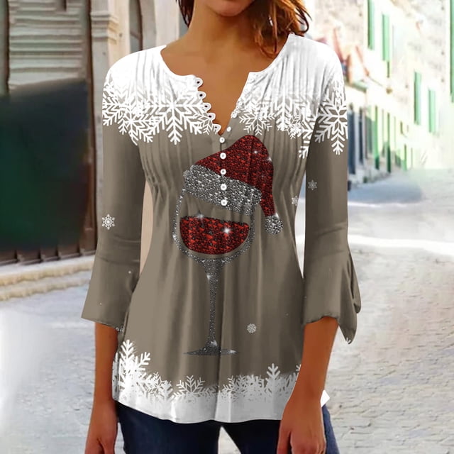 DPTALR Top Plissé à Manches 3/4 Imprimé V-neck pour Femme