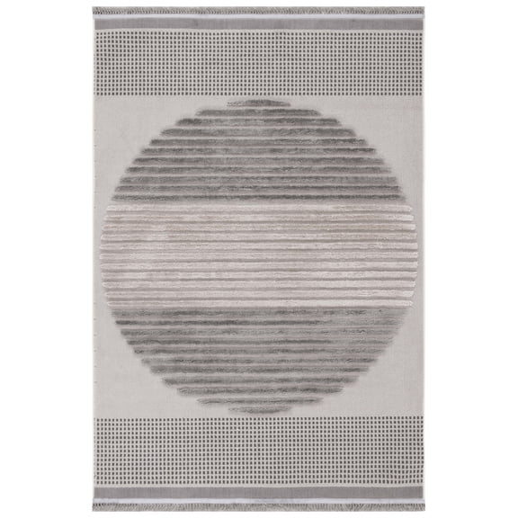 SAFAVIEH Urban Femie High Low Circle Striped with Fringe Area Rug, Grey/Light Grey, 8' x 10'