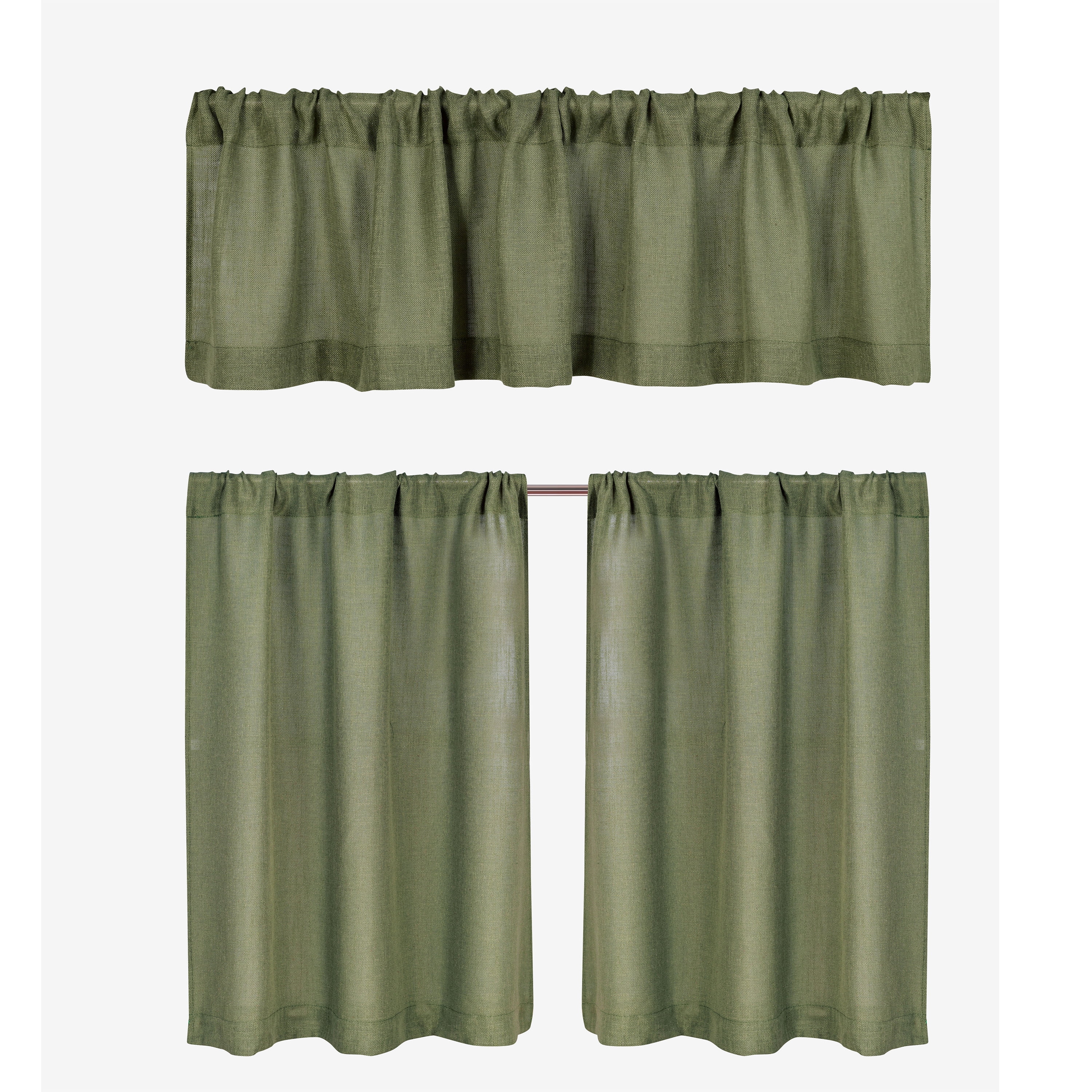 Better Homes & Gardens Linen Blend Light Filtering Rod Pocket Kitchen Curtain Tier and Valance, Set of 3, Dark Cilantro, 60 W x 36 L