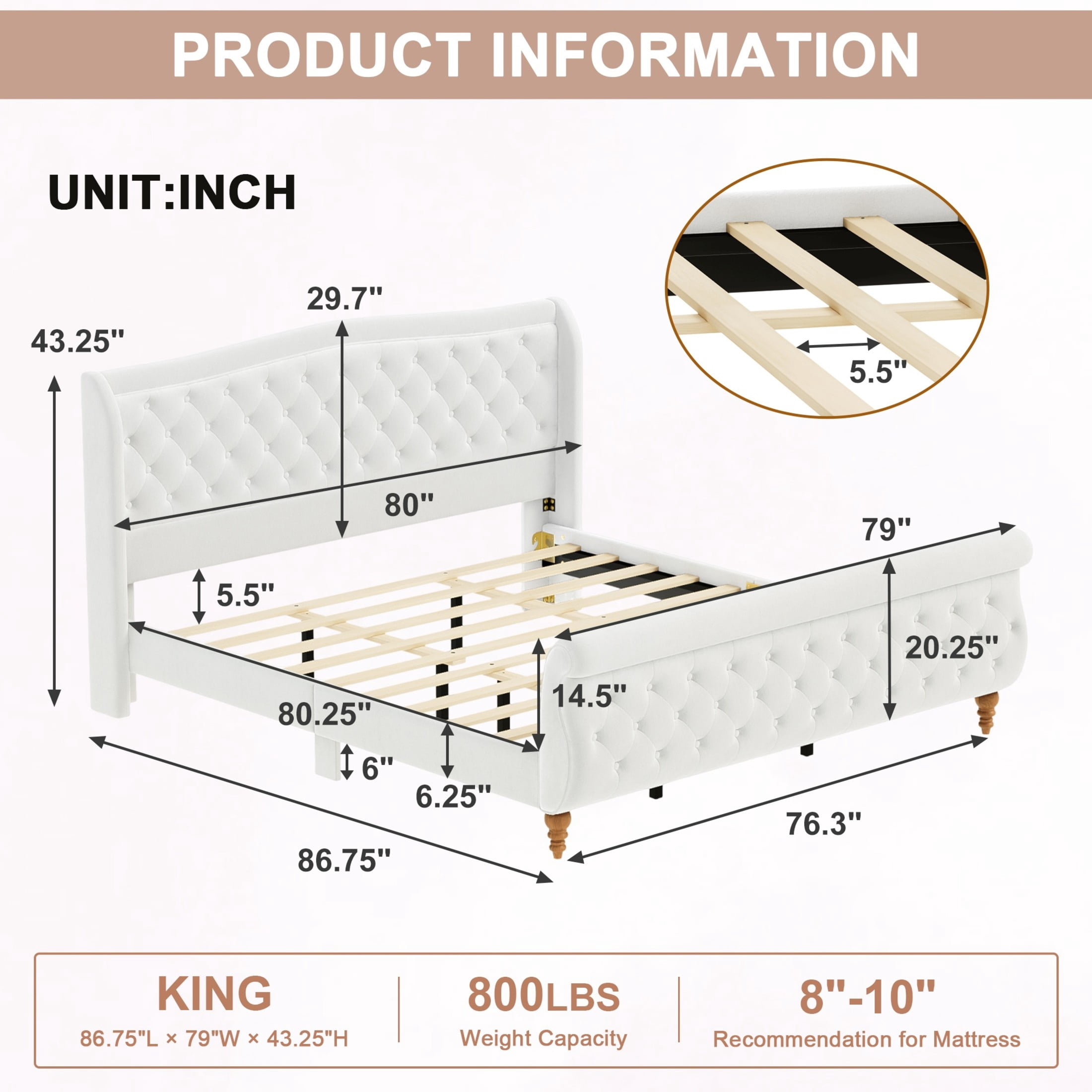 GDF Studio Orlan King Size Velvet Upholstered Sleigh Platform Bed Frame with Wood Slat Support, Modern Design, Beige