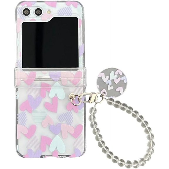 Cute Transparent Case for Samsung Galaxy Z Flip 6(2024 Release),Beautiful Print Design with Pearl Wrist Chain Shockproof Galaxy Z Flip 6 Phone Cover (Love Heart)