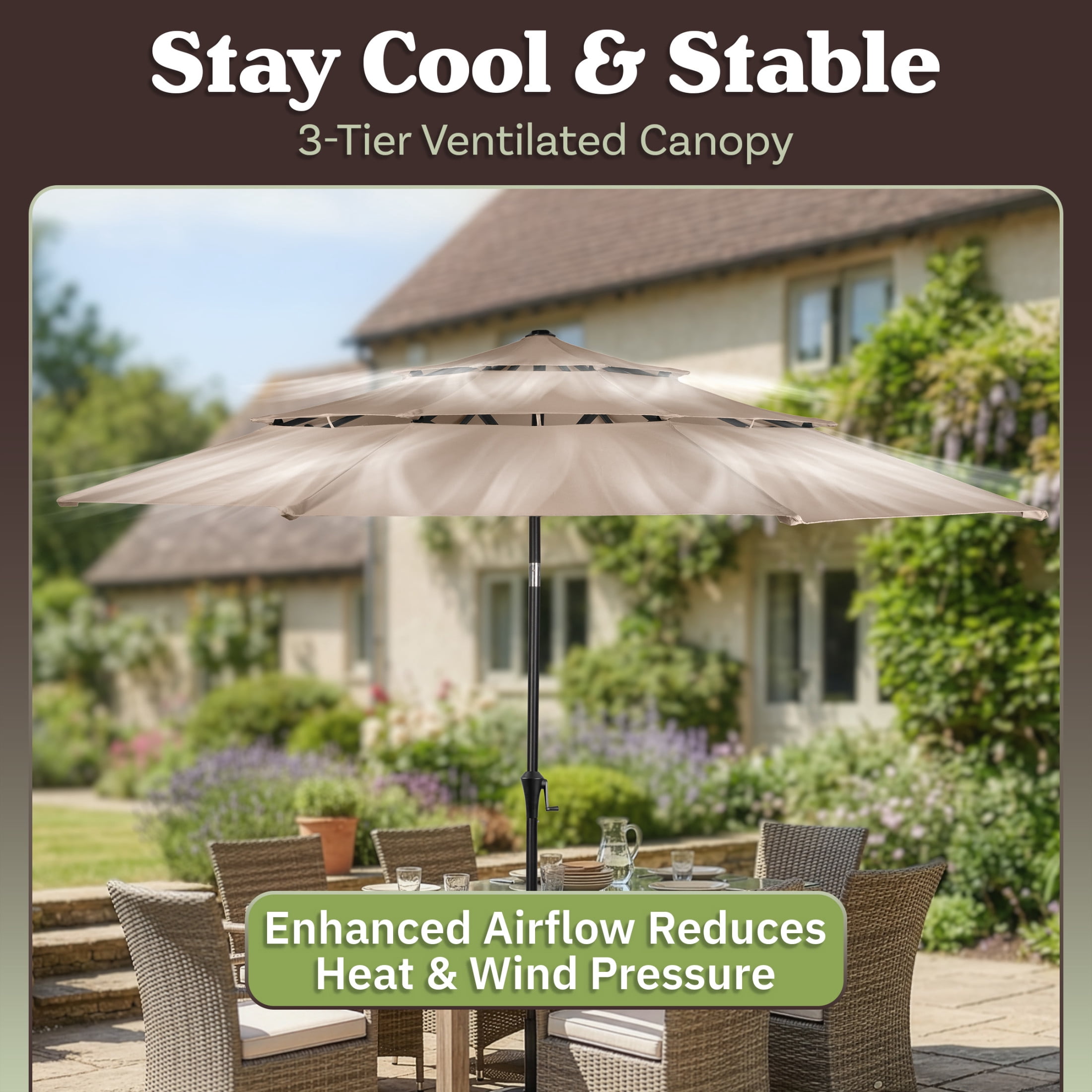 Pure Garden 10ft 3-Tier Umbrella for Patio Shade Canopy with 19lb Base, Khaki