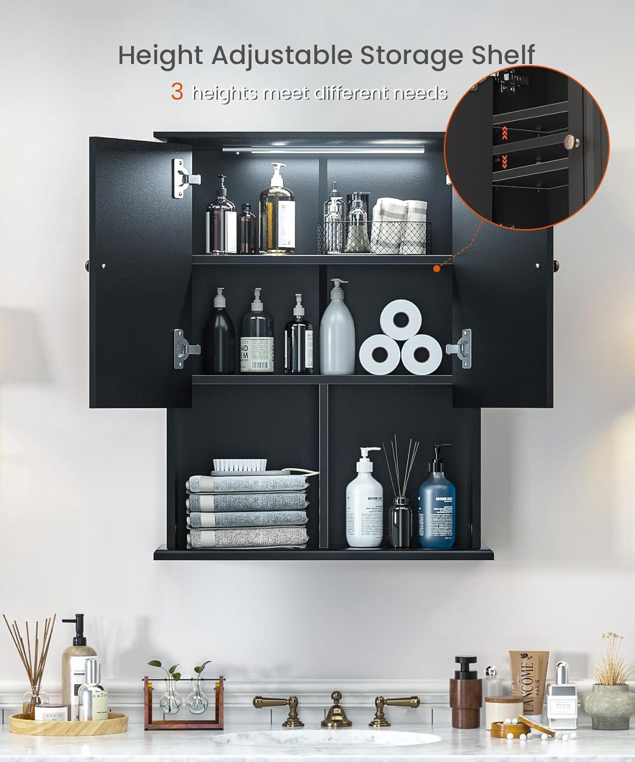 HAIOOU Bathroom Wall Cabinet with Motion Sensor LED Light, Over Toilet Storage Cabinet with Buffering Hinges and Adjustable Shelf (Black)