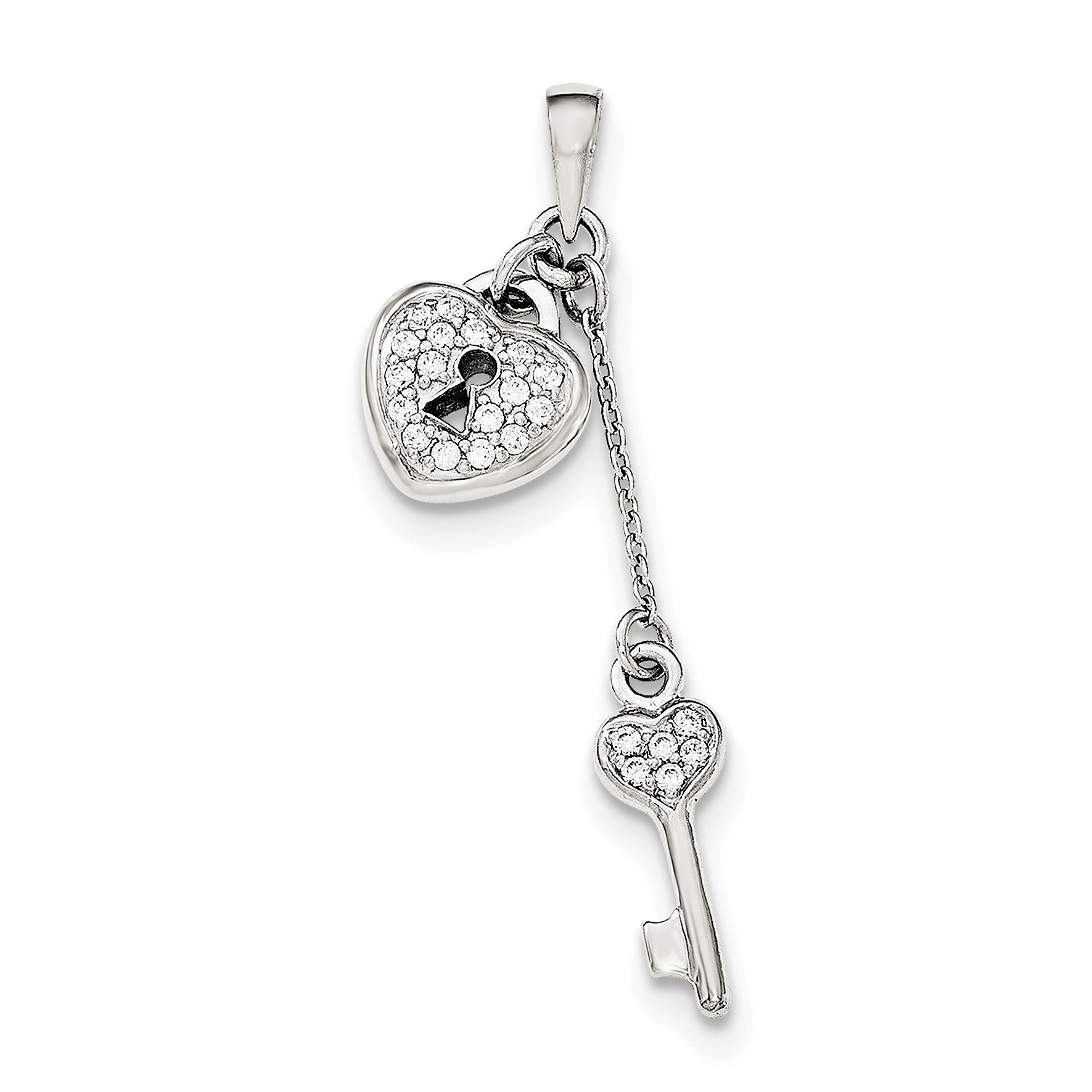 Sterling Silver Polished Cubic Zirconia Heart Lock & Key Pendant