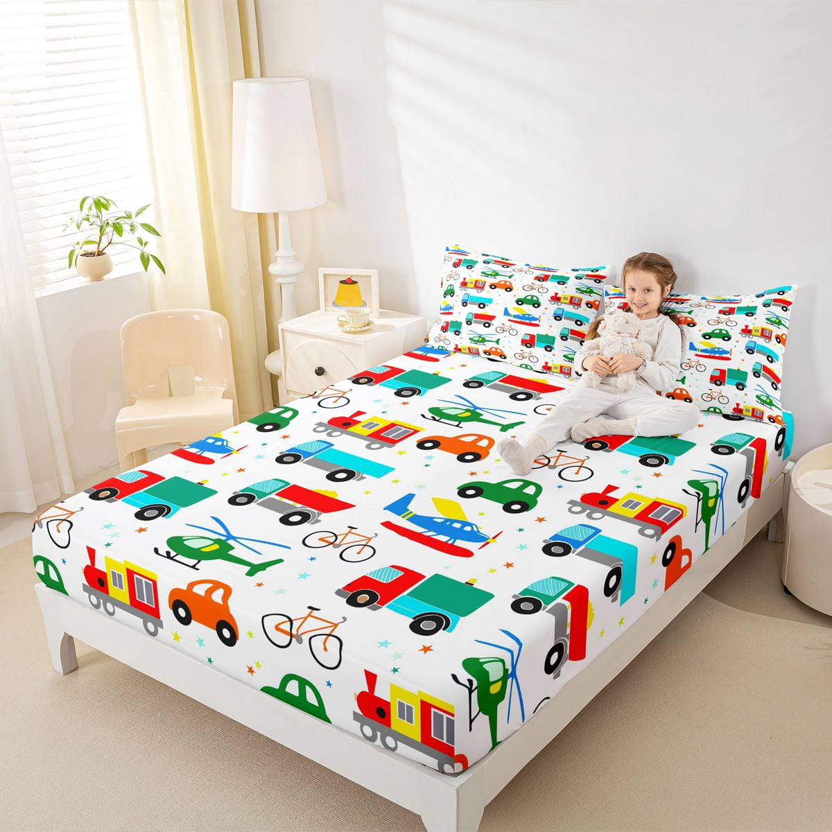 Manfei Colorful Cartoon Cars Full Size Sheets,Modern Aircraft Aitplane Bed Sheets,Cute Multicolor Stars Sheet Sets For Boys Girls,Super Cozy Room Decor,4-Piece