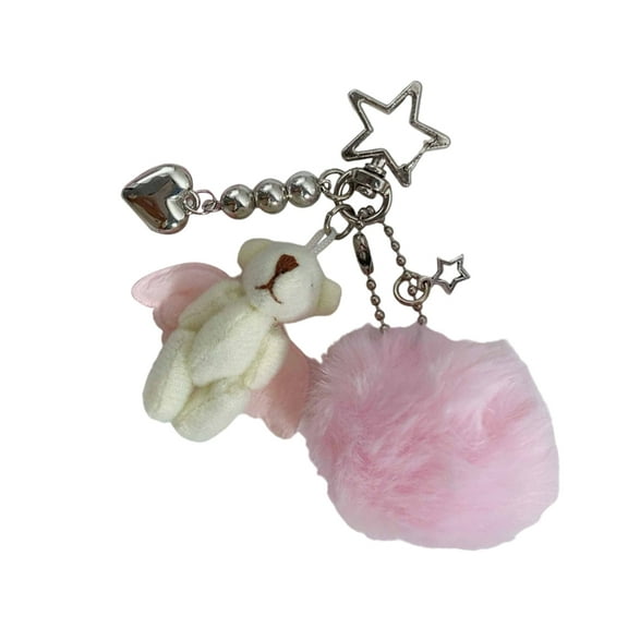 AOOOWER Pompoms Adorned Bear Keyring Plush Animal Keychain Pendant Handmade Phone Charm Unique Gift for Children and Teens