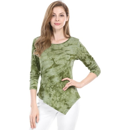 - Women Long Sleeves Round Neck Tie-Dye Handkerchief Hem Top