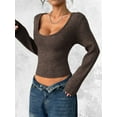 thumbnail image 6 of Women Deep V Neck Knitted Crop Sweater Top Casual Solid Slim Fit Long Sleeve Ribbed Pullover Jumper Tops Brown XS, 6 of 9