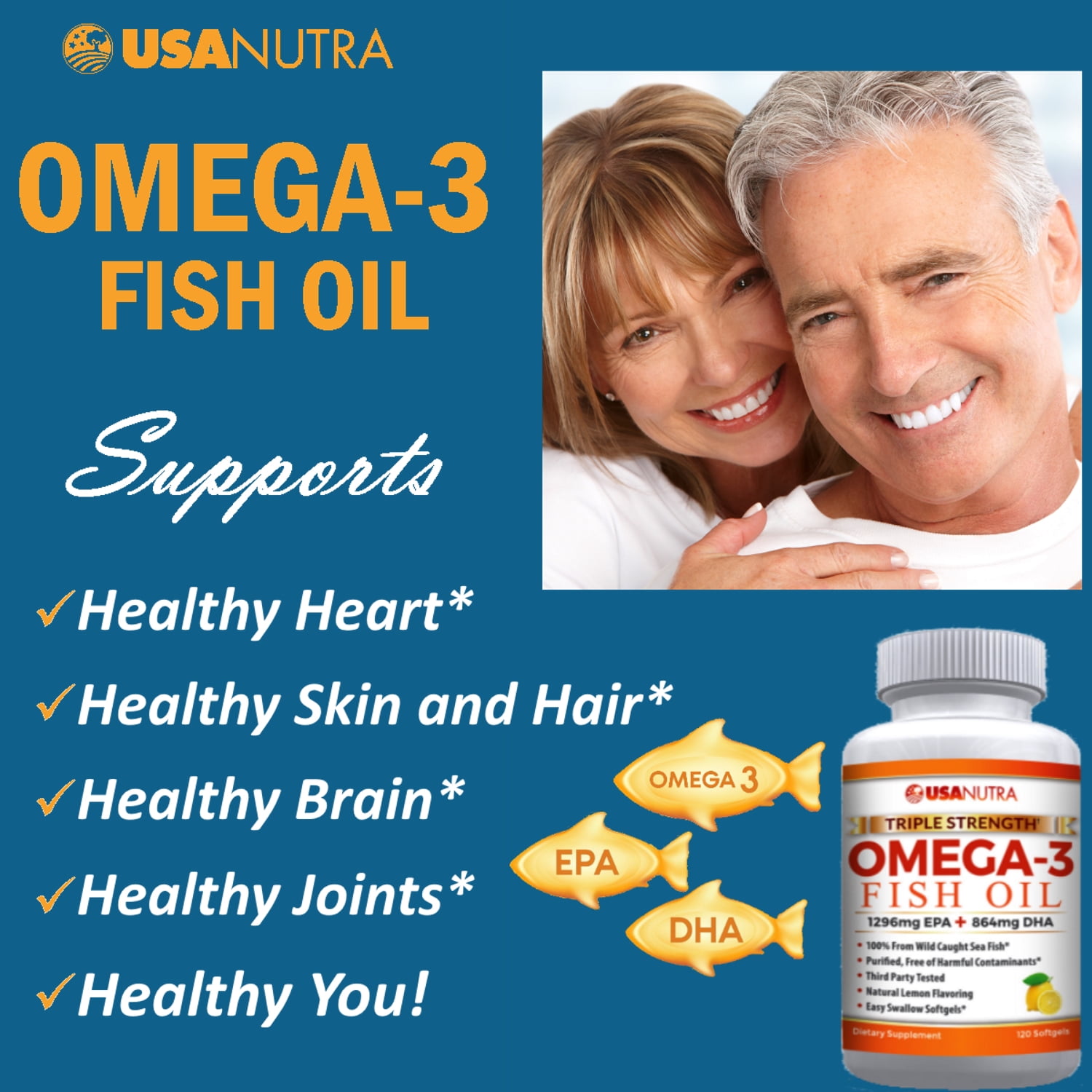 USANUTRA Omega 3 Fish Oil 3600mg Triple Strength Wild Caught Icelandic Anchovy Fish Oil.  120 Easy Swallow Softgels, 40 Day Supply