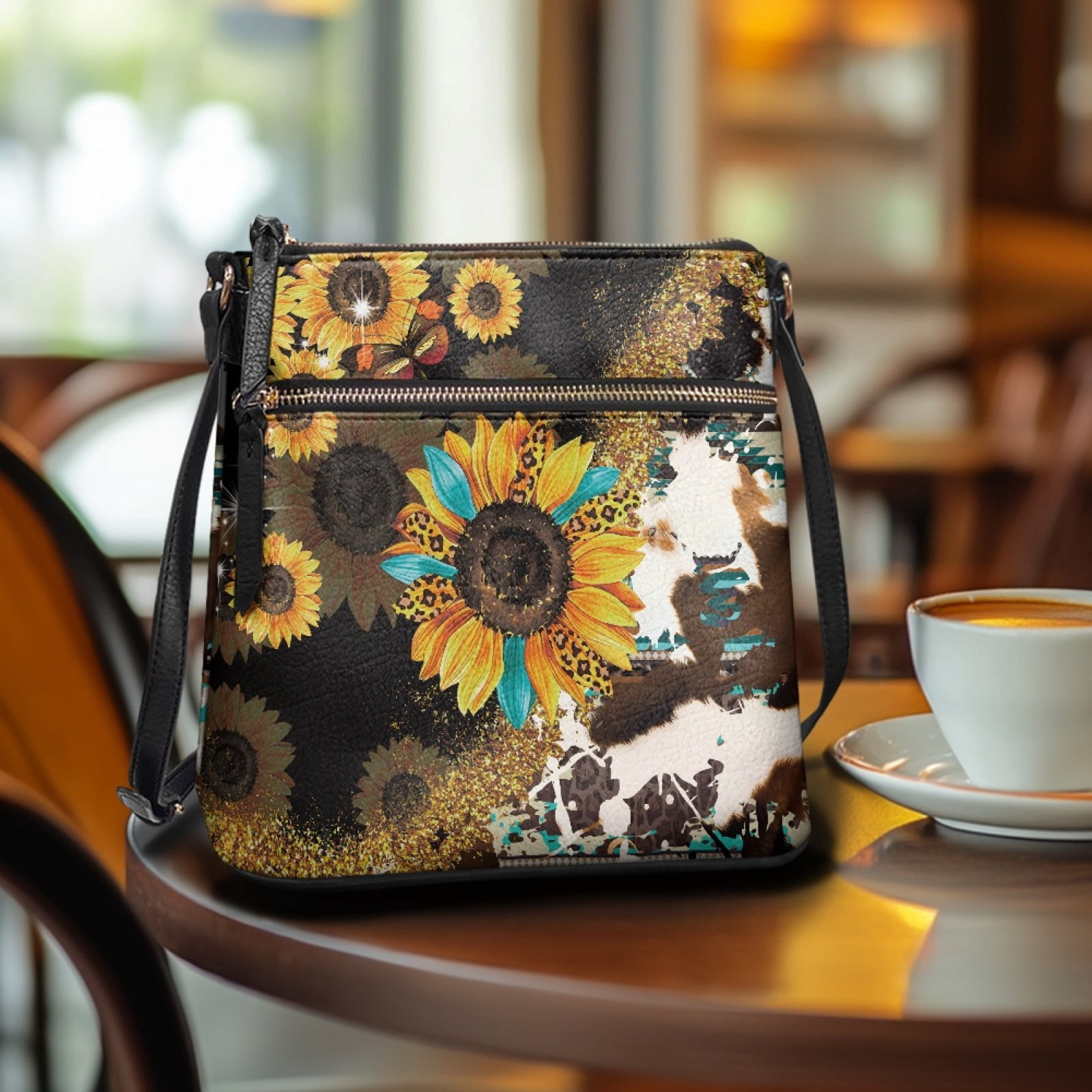 LedBack Sunflower Cow Print Leather Hobo Purse Crossbody Satchel Bag Sling Shoulder Purse with Adjustable Strap, Zipper Cross Body Messenger Bag for Travel Shopping Work, Brown