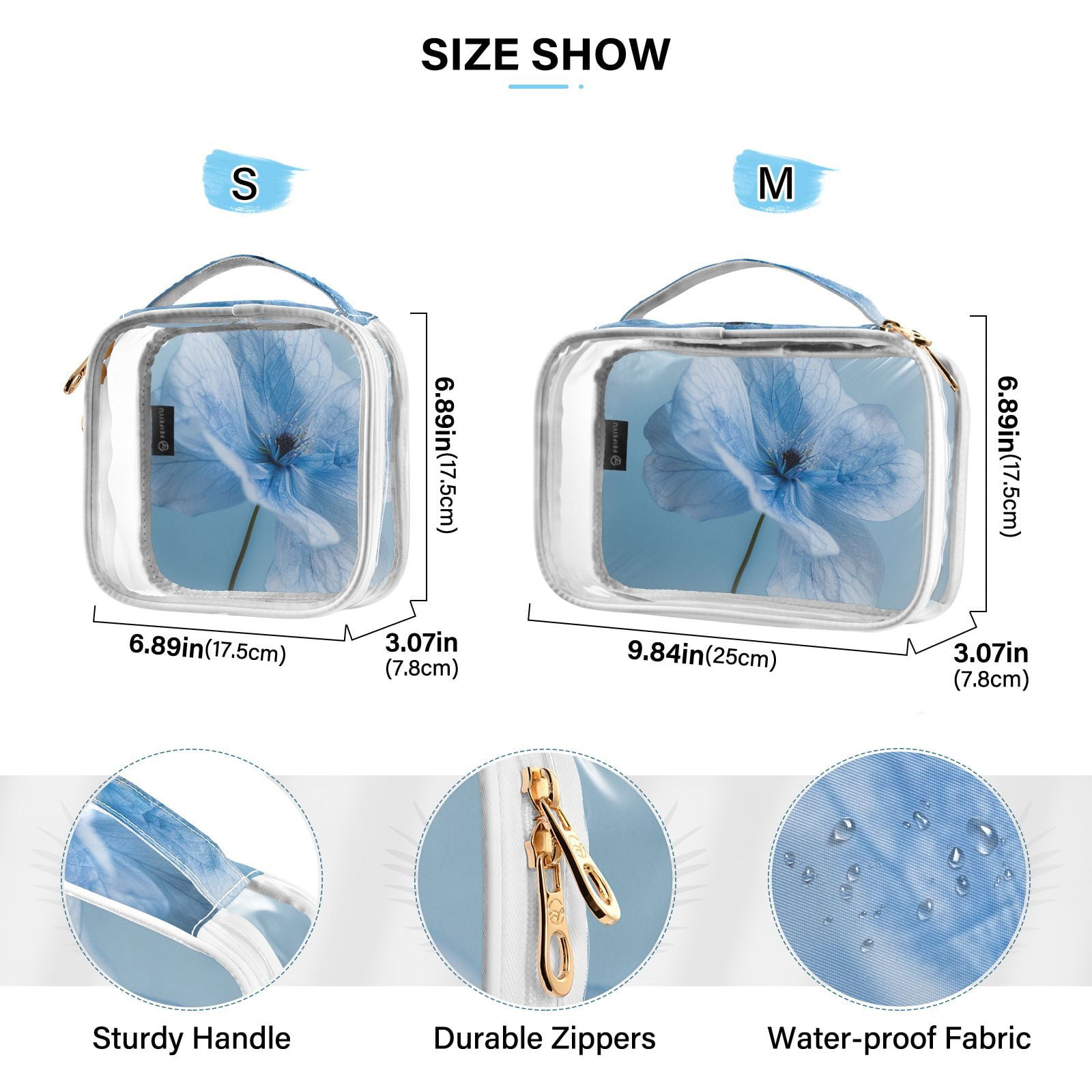 Clear Makeup Bags with Handle Large Opening 2 Pack Set Toiletry Bag Quart Size Bag, for Women Man Traveling Travel Essentials, Toiletries and Other. Blue Floral